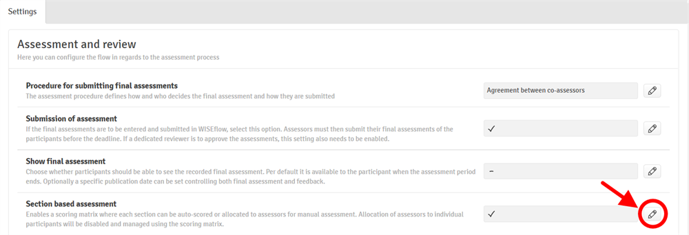 section based assessment setting