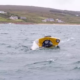 SeaEnergies wave energy converter (scale model) on trials off the coast of Ireland. Our research aims to replace the hull with recycled HDPE-basalt fibre composite offering a high performance, low cost, green material. 