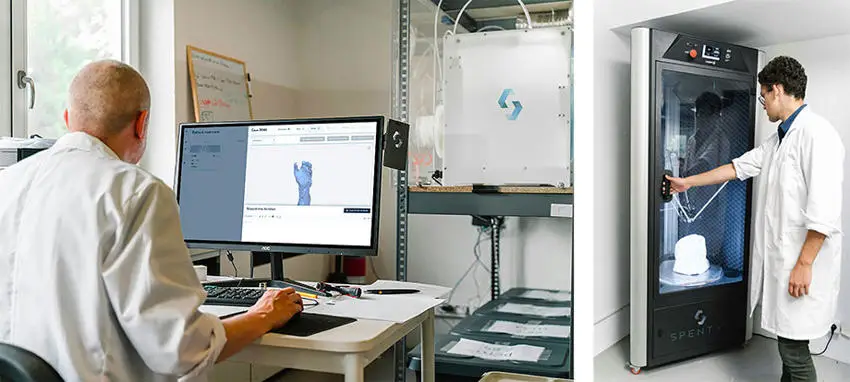 Composite of two photos of 3D printing. On the left, design taking place on a computer. On the right, a printed model ready to be collected.