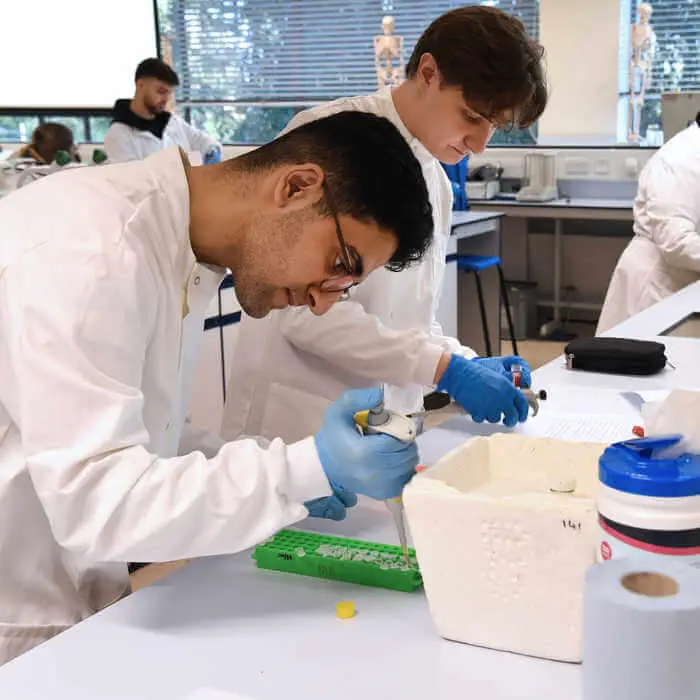 two male biomedical sciences students in lab