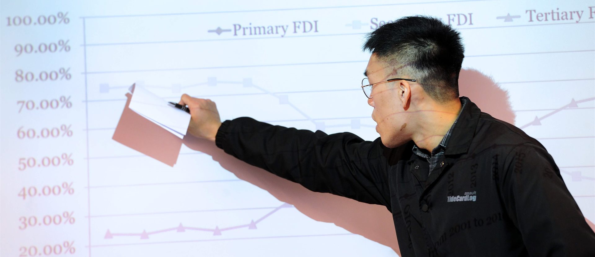 Student on drawing on a board