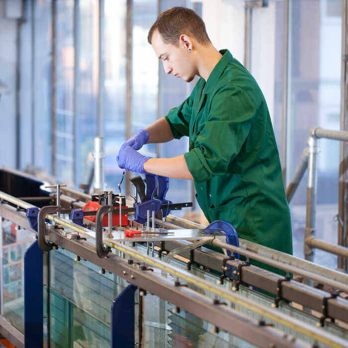 Young technician in green coat and gloves working on a glass panel with clamps and tools in a bright workshop