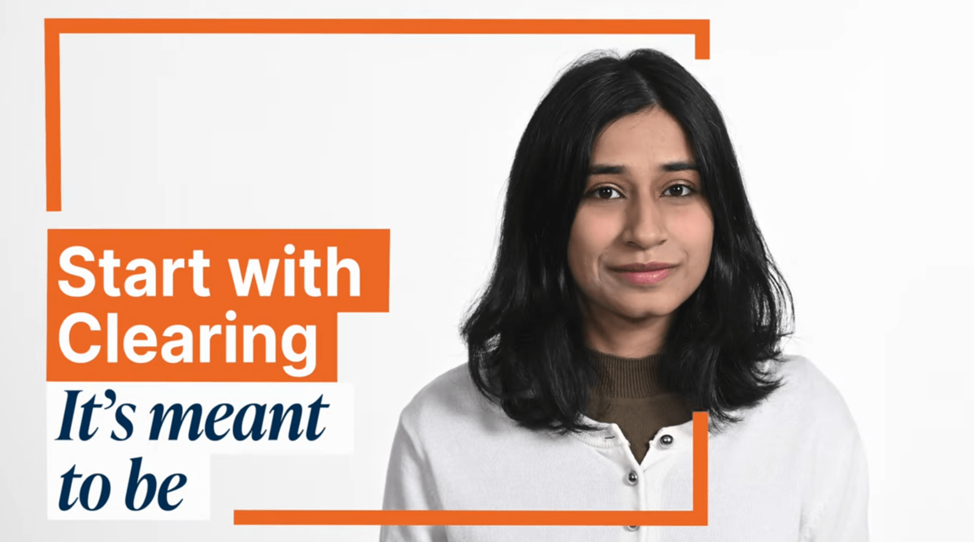 Person with shoulder-length black hair next to text "Start with Clearing It's meant to be"