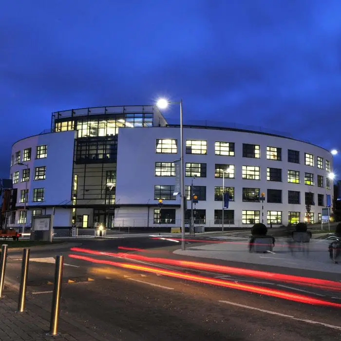 Eastern Gateway building on the Brunel University London campus at night