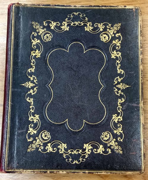 Cover of Sarah Barber's common place book, black with gold embossing
