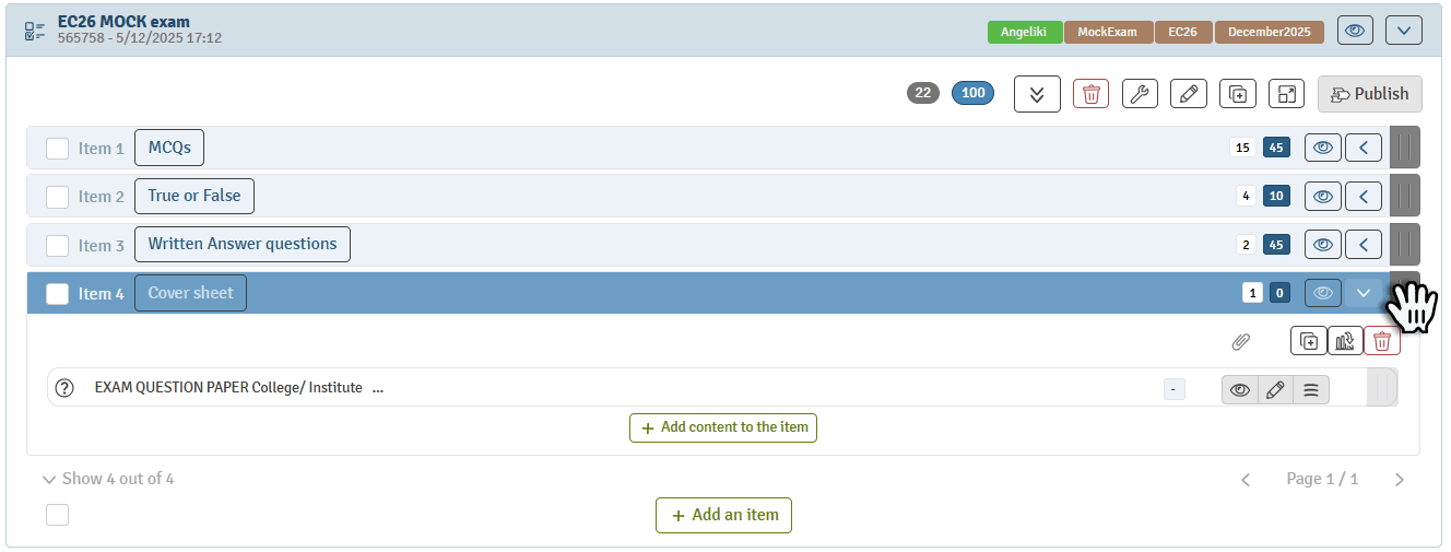 WISeflow authoring Click And Drag Coversheet to the top of the exam