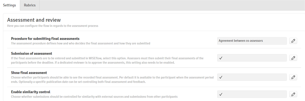 An image of the menu that appears after "Manage settings" is clicked on the "Assessment and review" panel.