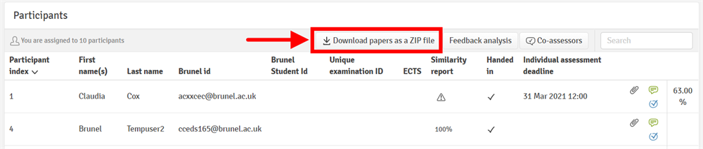 The button to download all student submissions as a ZIP file