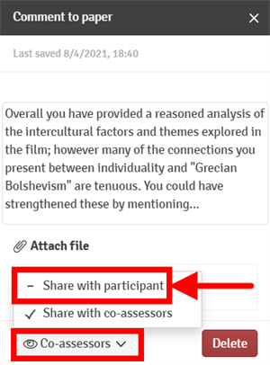The visibility or sharing settings for a comment to a student paper. "Share with participant" is unticked