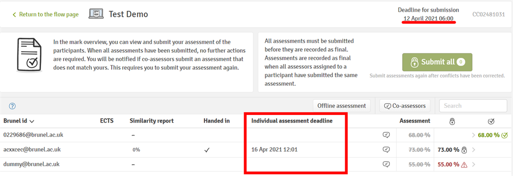 The individual assessment deadline seen in the mark overview