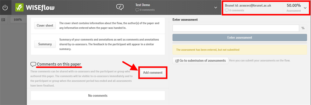 the student dropdown menu is highlighted, showing a button that can be used to provide a comment to a specific student