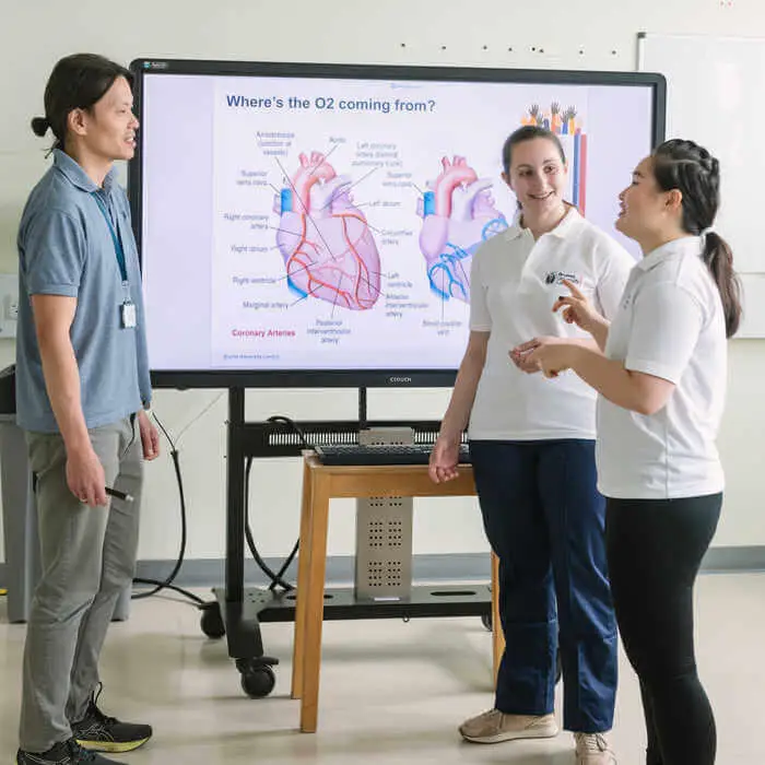 two students and academic standing in front of a white board displaying a scientific heart diagram