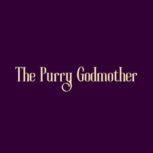 The Purry Godmother. Cream text on purple background.