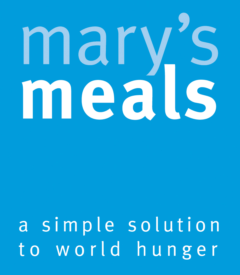 A logo in white writing on a baby blue background. The writing reads: Mary's Meals. A simple solution to world hunger