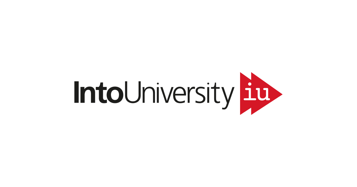 IntoUniversity Logo. Black text, white background. Logo is two red triangles with the letters i u in white.