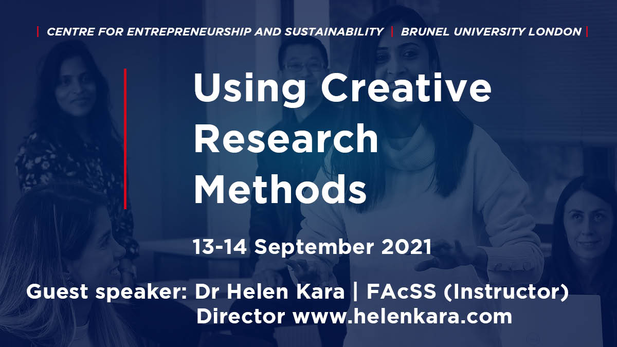 Using Creative Research Methods - a two-day seminar held on 13-14 September 2021. In the background a few young people debating in an academic classroom. A female student in the foreground gestures and smiles during her speech