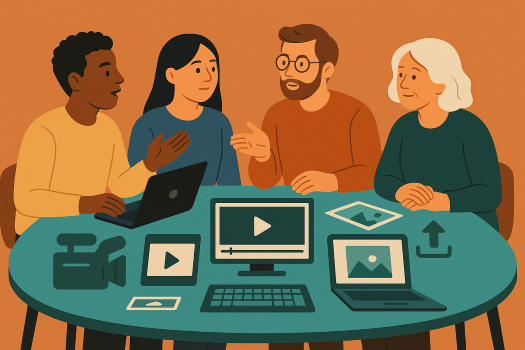 animated graphic of people sitting around a table talking and using a laptop