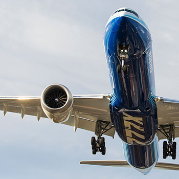 Boeing 777X plane, seen from below