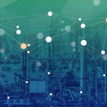 Abstract digital network overlay on an oil refinery, symbolising energy networks.