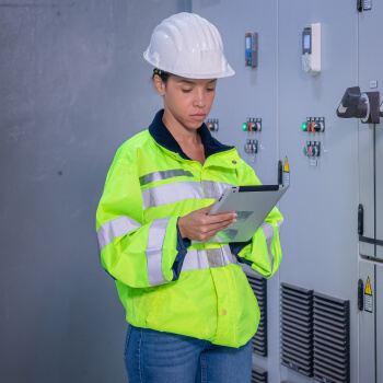 A worker in a high-visibility jacket and hard hat holds a tablet, standing beside a control panel with indicators.