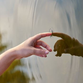 A finger touching the surface of a lake and causing a ripple.