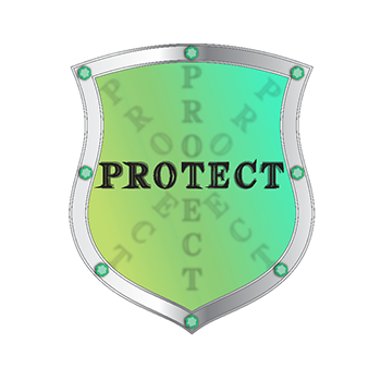 Green logo with grey outline in the shape of a medieval knight shield, with the word protect in the middle
