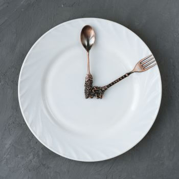 A plate with a spoon and a fork in a clock position.