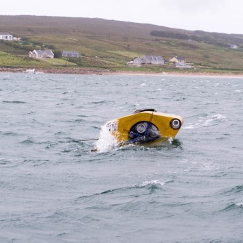 SeaEnergies wave energy converter (scale model) on trials off the coast of Ireland. Our research aims to replace the hull with recycled HDPE-basalt fibre composite offering a high performance, low cost, green material. 