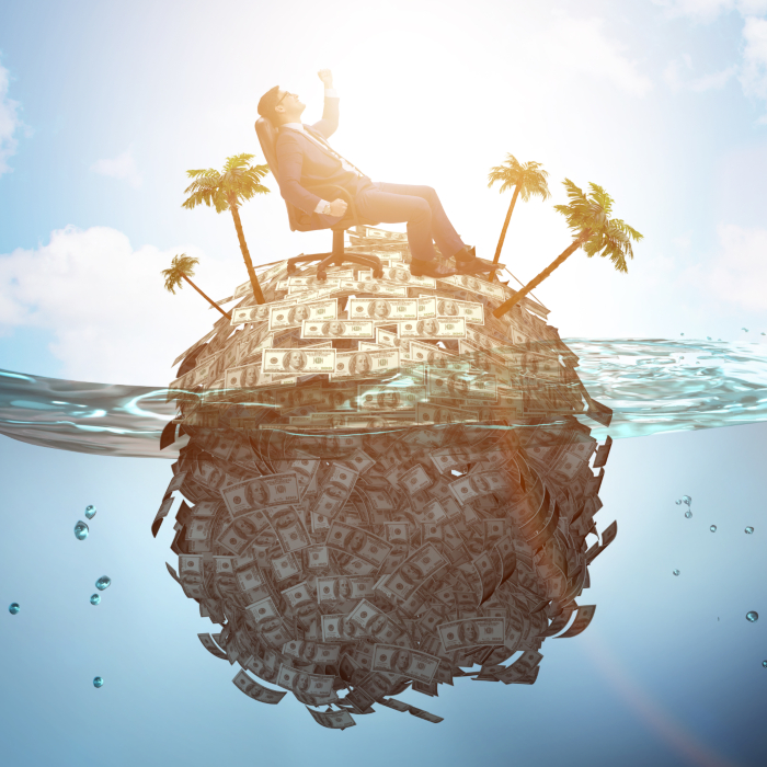 man on island made of money