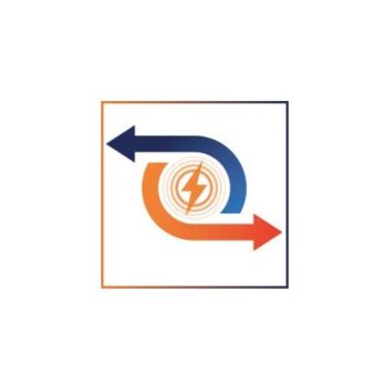 A logo featuring a circular design with a central lightning bolt, flanked by blue left and orange right arrows.