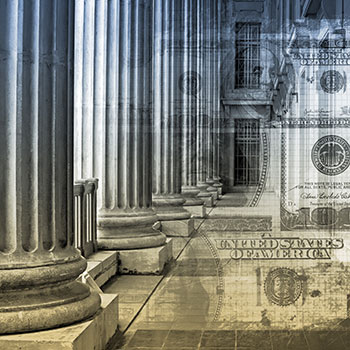 Collage of US money and political buildings