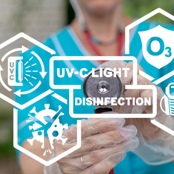 Medical concept of UV-C light disinfection. UV light sterilization of viruses and bacteria medicine, pharmacy equipment, clothes.