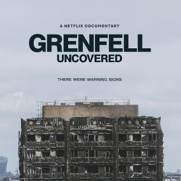 Grenfell Uncovered documentary poster with title at the top and burnt building below