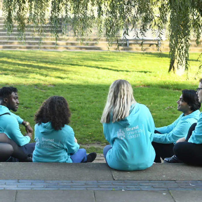 A group of student ambassadors sitting by the quad.