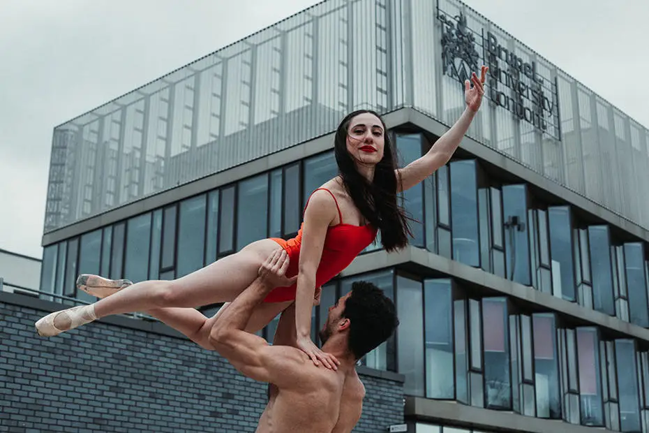 Brunel Dance and Chalistenics students posing on campus for the Love Your Leo campaign