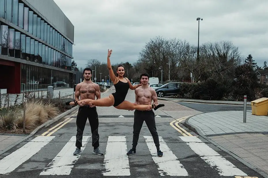 Brunel Dance and Chalistenics students posing on campus for the Love Your Leo campaign