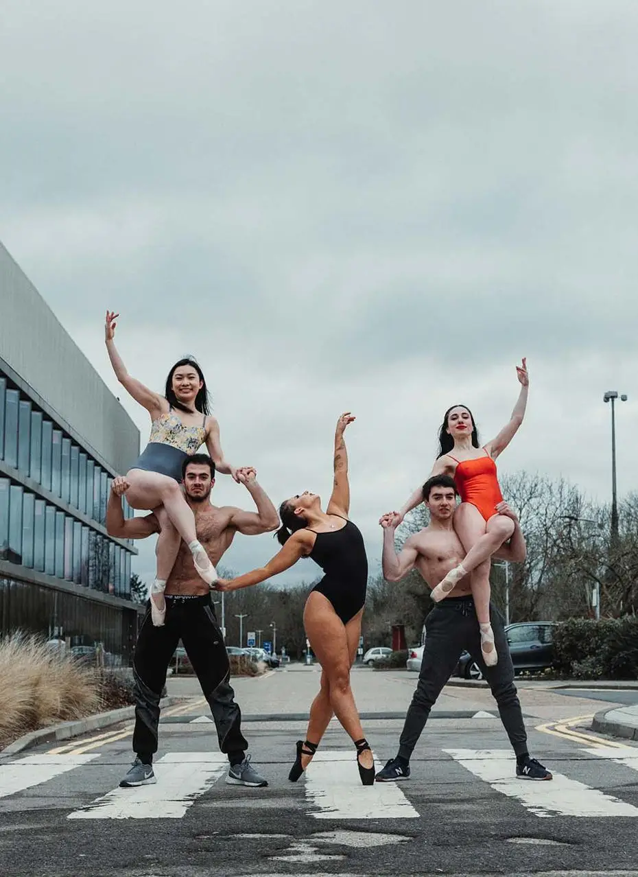 Brunel Dance and Chalistenics students posing on campus for the Love Your Leo campaign