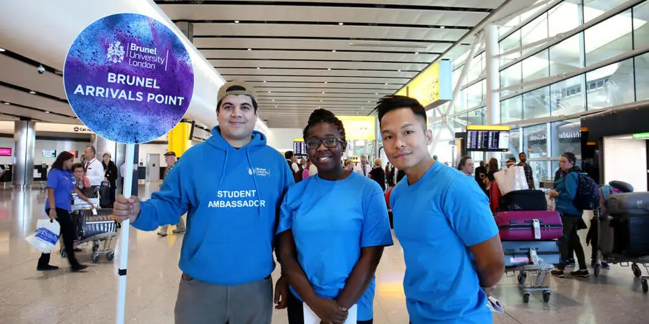 Brunel student ambassadors welcoming international freshers students at Heathrow Airport