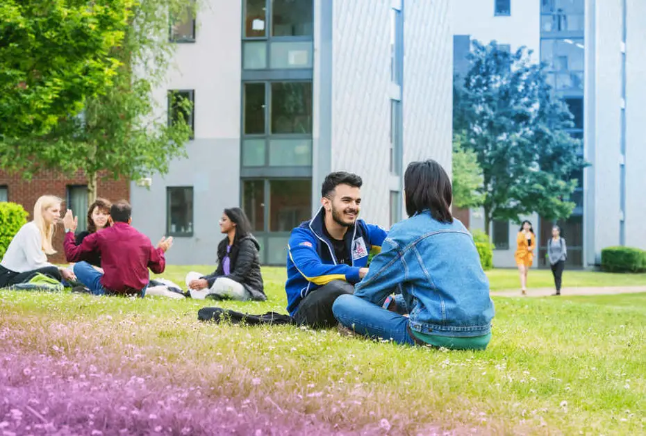 Groups of students sitting on the grounds 