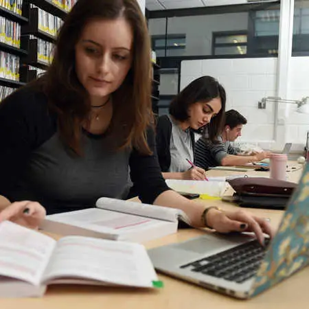 Student reading in the library at Brunel University London