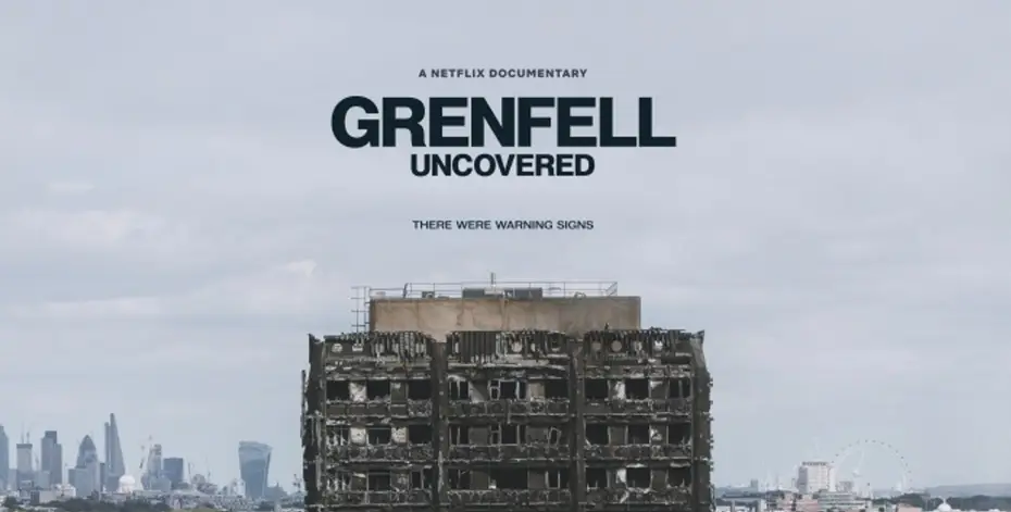 Grenfell Uncovered documentary poster with title at the top and burnt building below