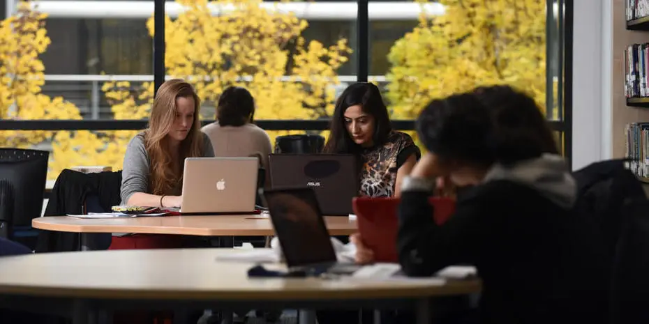 students studying in library with autumn view in the background