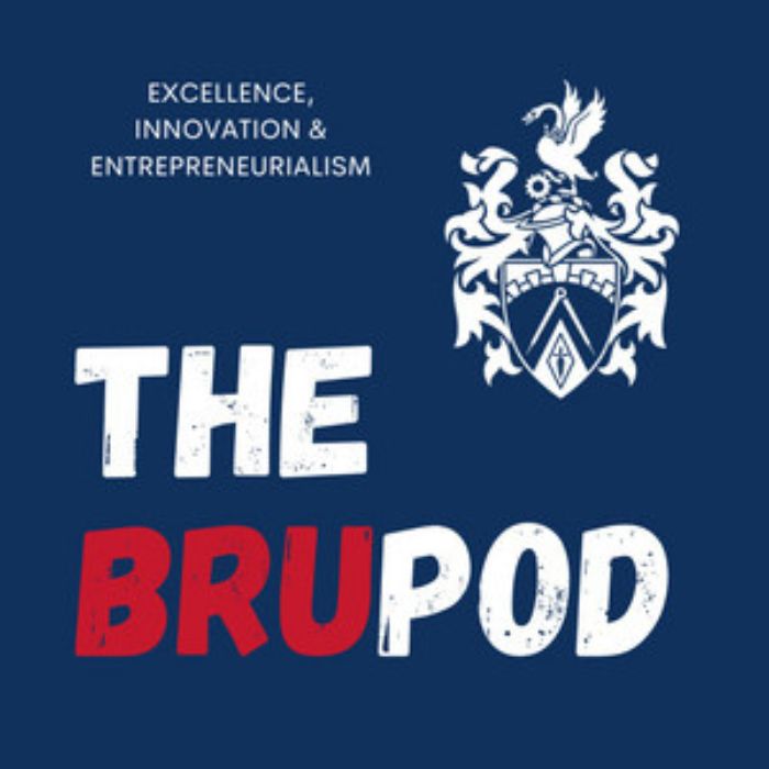 Graphic logo with text "THE BRUPOD" and a crest of swan, masonry arch, compass and cog.
