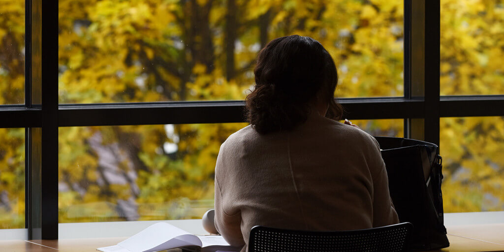female student studying in library with autumn view in the background