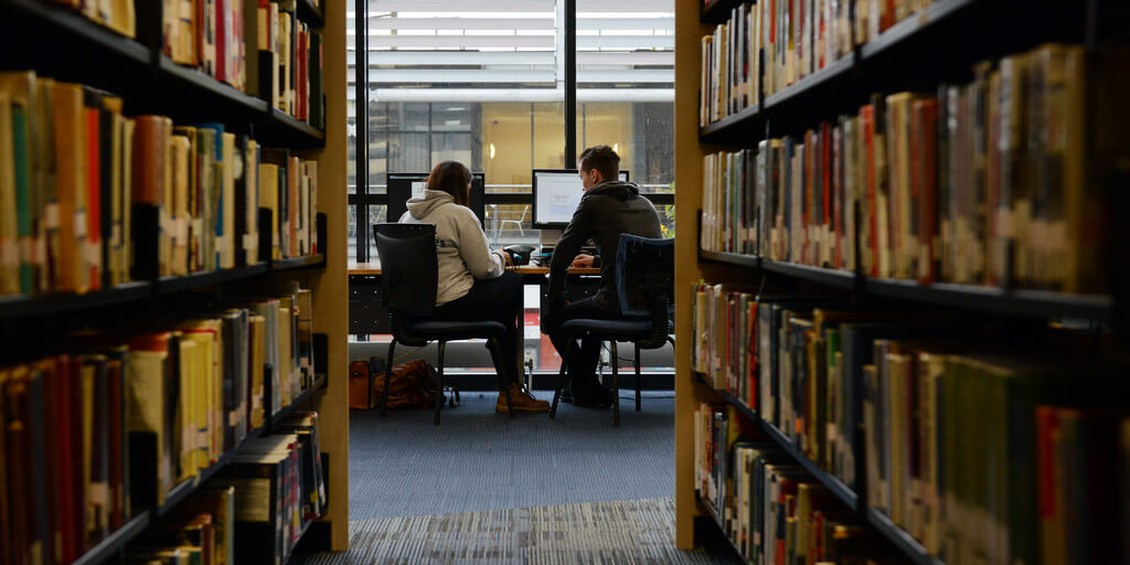 two students studying in the library