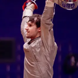 Chris Hepworth wearing fencing equipment