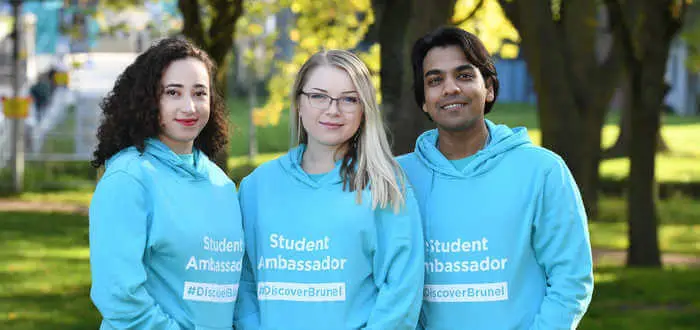 three students in student ambassador hoodies