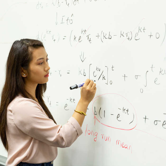 Mathematics lecturer doing an equation on a whiteboard